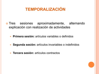 TEMPORALIZACIÓN



Tres sesiones aproximadamente, alternando
explicación con realización de actividades


Primera sesión: artículos variables o definidos



Segunda sesión: artículos invariables o indefinidos



Tercera sesión: artículos contractos

 