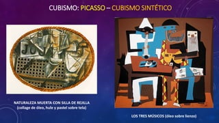 CUBISMO: PICASSO – CUBISMO SINTÉTICO
NATURALEZA MUERTA CON SILLA DE REJILLA
(collage de óleo, hule y pastel sobre tela)
LOS TRES MÚSICOS (óleo sobre lienzo)
 