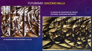 FUTURISMO: GIACOMO BALLA
LA VELOCIDAD DE LOS COCHES Y LA LUZ
EL EXCESO DE VELOCIDAD DE COCHES
(ESTUDIO). VELOCIDAD ABSTRACTA.
 