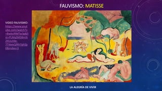 FAUVISMO: MATISSE
LA ALEGRÍA DE VIVIR
VIDEO FAUVISMO:
https://www.yout
ube.com/watch?v
=BwbsIRMTw3g&li
st=PLMqSMS8mXi
2XUuVde-
7TWekQfRhTqhSp
0&index=3
 
