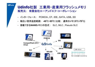 UD info Confidential
UdinfoUdinfo社製　工業用・産業用フラッシュメモリ社製　工業用・産業用フラッシュメモリ
販売元：　有限会社エーアンドエフ・コーポレーション販売元：　有限会社エーアンドエフ・コーポレーション
M.2M.2
PCMCIAPCMCIA
CompactFlashCompactFlash (CF) /(CF) /
CFastCFast
SATASATA
IDEIDE
USBUSB
SD/SD/uSDuSD
- インターフェース : 　PCMCIA、CF、IDE、SATA、USB、SD
- 幅広い使用温度範囲：　-40℃~85℃（比較：　通常のメモリ0℃-70℃)
- 搭載できるNANDメモリの型式 : 　SLC, MLC , Pseudo SLC
http://www.af-corporation.jp
電話　０３－３５７８－３０５６
Mail: arisaka@af-corporation.jp
お問い合わせ
 