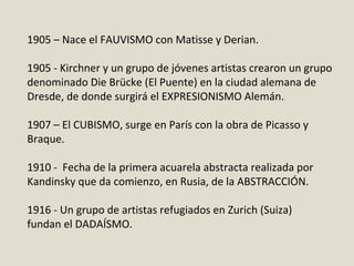 1905 – Nace el FAUVISMO con Matisse y Derian.
1905 - Kirchner y un grupo de jóvenes artistas crearon un grupo
denominado Die Brücke (El Puente) en la ciudad alemana de
Dresde, de donde surgirá el EXPRESIONISMO Alemán.
1907 – El CUBISMO, surge en París con la obra de Picasso y
Braque.
1910 - Fecha de la primera acuarela abstracta realizada por
Kandinsky que da comienzo, en Rusia, de la ABSTRACCIÓN.
1916 - Un grupo de artistas refugiados en Zurich (Suiza)
fundan el DADAÍSMO.
 