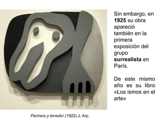 Sin embargo, en
1925 su obra
apareció
también en la
primera
exposición del
grupo
surrealista en
París.
De este mismo
año es su libro
«Los ismos en el
arte»
Pechera y tenedor (1922) J. Arp.
 