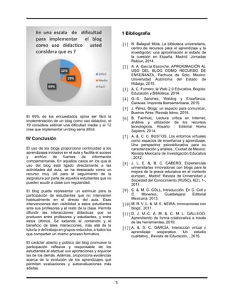 .
5
El 69% de los encuestados opina ser fácil la
implementación de un blog como uso didáctico, el
19 considera estimar una dificultad media y el 12
cree que implementar un blog sería difícil.
IV Conclusión
El uso de los blogs proporciona continuidad a los
aprendizajes iniciados en el aula y facilita el acceso
y archivo de fuentes de información
complementarias. En aquellos casos en los que el
uso del blog está ligado directamente a las
actividades del aula, se ha destacado como un
recurso muy útil para el seguimiento de la
asignatura por parte de aquellos estudiantes que no
pueden acudir a clase con regularidad.
El blog puede representar un estímulo para la
participación de estudiantes que no intervienen
habitualmente en el directo del aula. Esas
intervenciones dan visibilidad a estos estudiantes
ante sus profesores y el resto de la clase. Permite
difundir las interacciones didácticas que se
producen entre profesores y estudiantes, y entre
estos últimos. Se extiende el contenido y el
beneficio de tales interacciones, más allá de la
tutoría o del trabajo en grupos reducidos, a todos los
que comparten un mismo proceso formativo.
El carácter abierto y público del blog promueve la
participación reflexiva y responsable de los
estudiantes al efectuar sus aportaciones y enjuiciar
las de los demás. Además, proporciona evidencias
acerca de la evolución de los aprendizajes que
permiten evaluaciones y autoevaluaciones más
sólidas.
1 Bibliografía
[1] N. Balagué Mola, La biblioteca universitaria,
centro de recursos para el aprendizaje y la
investigción: una aproximación al estado de
la cuestión en España, Madrid: Jornadas
Rebiun, 2014.
[2] A. A. García Escorche, APROXIMACIÓN AL
USO DEL BLOG COMO RECURSO DE
ENSEÑANZA, Pachuca de Soto, Mexico:
Universidad Autónoma del Estado de
Hidalgo, 2015.
[3] A. C. Fumero, la Web 2.0 Educativa, Bogota:
Educación y Biblioteca, 2014.
[4] G.-S. Sánchez, Weblog y Enseñanza,
Caracas: Imprenta Iberoamericana, 2015.
[5] J. Pérez, Blogs: un espacio para comunicar,
Buenos Aires: Revista Istmo, 2016.
[6] B. Fainholc, Lectura crítica en Internet;
análisis y utilización de los recursos
tecnológicos, Rosario : Editorial Homo
Sapiens, 2014.
[7] A. &. C. C. BUSTOS, Los entornos virtuales
como espacios de enseñanza y aprendizaje.
Una perspectiva psicoeducativa para su
caracterización y análisis., Ciudad de Mexico:
Revista Mexicana de Investigación Educativa
, 2012.
[8] J. L. E. &. B. C. CABERO, Experiencias
universitarias innovadoras con blogs para la
mejora de la praxis educativa en el contexto
europeo., Madrid: Revista de Universidad y
Sociedad del Conocimiento (RUSC), 6(2), 1-,
2011.
[9] C. &. M. C. COLL, Introducción. En C. Coll y
C. Monereo,, Guadalajara: Editorial
Mexicana, 2013.
[10] M. R. V. L. &. M. E. NEIRA, Innovaciones con
blogs:, 2011.
[11] D. J. M.-C. A. M. &. C. M. L. GALLEGO,
Aprendiendo de forma colaborativa a través
de las herramientas, 2010.
[12] A. &. S. C. GARCÍA, Interacción virtual y
aprendizaje cooperativo. Un estudio
cualitativo., Revista de Educación, , 2015.
12%
19%
69%
En una escala de dificultad
para implementar el blog
como uso didactico usted
considera que es ?
Dificil
Medio
Facil
 