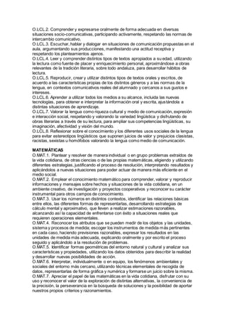 O.LCL.2. Comprender y expresarse oralmente de forma adecuada en diversas
situaciones socio-comunicativas, participando activamente, respetando las normas de
intercambio comunicativo.
O.LCL.3. Escuchar, hablar y dialogar en situaciones de comunicación propuestas en el
aula, argumentando sus producciones, manifestando una actitud receptiva y
respetando los planteamientos ajenos.
O.LCL.4. Leer y comprender distintos tipos de textos apropiados a su edad, utilizando
la lectura como fuente de placer y enriquecimiento personal, aproximándose a obras
relevantes de la tradición literaria, sobre todo andaluza, para desarrollar hábitos de
lectura.
O.LCL.5. Reproducir, crear y utilizar distintos tipos de textos orales y escritos, de
acuerdo a las características propias de los distintos géneros y a las normas de la
lengua, en contextos comunicativos reales del alumnado y cercanos a sus gustos e
intereses.
O.LCL.6. Aprender a utilizar todos los medios a su alcance, incluida las nuevas
tecnologías, para obtener e interpretar la información oral y escrita, ajustándola a
distintas situaciones de aprendizaje.
O.LCL.7. Valorar la lengua como riqueza cultural y medio de comunicación, expresión
e interacción social, respetando y valorando la variedad lingüística y disfrutando de
obras literarias a través de su lectura, para ampliar sus competencias lingüísticas, su
imaginación, afectividad y visión del mundo.
O.LCL.8. Reflexionar sobre el conocimiento y los diferentes usos sociales de la lengua
para evitar estereotipos lingüísticos que suponen juicios de valor y prejuicios clasistas,
racistas, sexistas u homófobos valorando la lengua como medio de comunicación.
MATEMÁTICAS
O.MAT.1. Plantear y resolver de manera individual o en grupo problemas extraídos de
la vida cotidiana, de otras ciencias o de las propias matemáticas, eligiendo y utilizando
diferentes estrategias, justificando el proceso de resolución, interpretando resultados y
aplicándolos a nuevas situaciones para poder actuar de manera más eficiente en el
medio social.
O.MAT.2. Emplear el conocimiento matemático para comprender, valorar y reproducir
informaciones y mensajes sobre hechos y situaciones de la vida cotidiana, en un
ambiente creativo, de investigación y proyectos cooperativos y reconocer su carácter
instrumental para otros campos de conocimiento.
O.MAT.3. Usar los números en distintos contextos, identificar las relaciones básicas
entre ellos, las diferentes formas de representarlas, desarrollando estrategias de
cálculo mental y aproximativo, que lleven a realizar estimaciones razonables,
alcanzando así la capacidad de enfrentarse con éxito a situaciones reales que
requieren operaciones elementales.
O.MAT.4. Reconocer los atributos que se pueden medir de los objetos y las unidades,
sistema y procesos de medida; escoger los instrumentos de medida más pertinentes
en cada caso, haciendo previsiones razonables, expresar los resultados en las
unidades de medida más adecuada, explicando oralmente y por escrito el proceso
seguido y aplicándolo a la resolución de problemas.
O.MAT.5. Identificar formas geométricas del entorno natural y cultural y analizar sus
características y propiedades, utilizando los datos obtenidos para describir la realidad
y desarrollar nuevas posibilidades de acción.
O.MAT.6. Interpretar, individualmente o en equipo, los fenómenos ambientales y
sociales del entorno más cercano, utilizando técnicas elementales de recogida de
datos, representarlas de forma gráfica y numérica y formarse un juicio sobre la misma.
O.MAT.7. Apreciar el papel de las matemáticas en la vida cotidiana, disfrutar con su
uso y reconocer el valor de la exploración de distintas alternativas, la conveniencia de
la precisión, la perseverancia en la búsqueda de soluciones y la posibilidad de aportar
nuestros propios criterios y razonamientos.
 