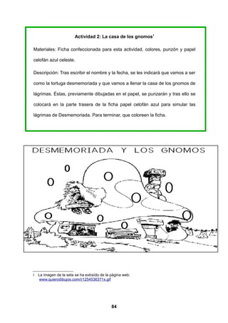 Actividad 2: La casa de los gnomos1

Materiales: Ficha confeccionada para esta actividad, colores, punzón y papel

celofán azul celeste.

Descripción: Tras escribir el nombre y la fecha, se les indicará que vamos a ser

como la tortuga desmemoriada y que vamos a llenar la casa de los gnomos de

lágrimas. Éstas, previamente dibujadas en el papel, se punzarán y tras ello se

colocará en la parte trasera de la ficha papel celofán azul para simular las

lágrimas de Desmemoriada. Para terminar, que coloreen la ficha.




1 La imagen de la seta se ha extraído de la página web:
  www.quierodibujos.com/i/1254536371x.gif




                                            84
 