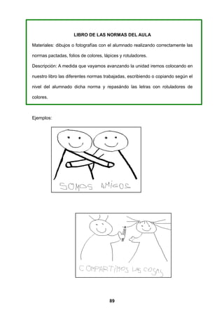 LIBRO DE LAS NORMAS DEL AULA

Materiales: dibujos o fotografías con el alumnado realizando correctamente las

normas pactadas, folios de colores, lápices y rotuladores.

Descripción: A medida que vayamos avanzando la unidad iremos colocando en

nuestro libro las diferentes normas trabajadas, escribiendo o copiando según el

nivel del alumnado dicha norma y repasándo las letras con rotuladores de

colores.



Ejemplos:




                                       89
 