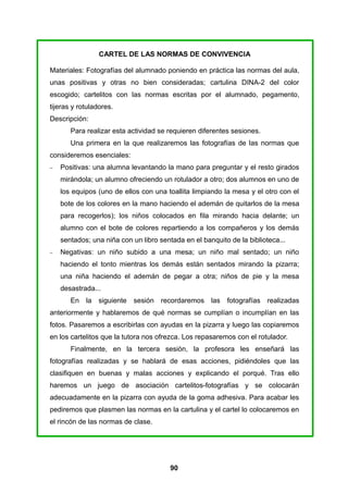 CARTEL DE LAS NORMAS DE CONVIVENCIA

Materiales: Fotografías del alumnado poniendo en práctica las normas del aula,
unas positivas y otras no bien consideradas; cartulina DINA-2 del color
escogido; cartelitos con las normas escritas por el alumnado, pegamento,
tijeras y rotuladores.
Descripción:
       Para realizar esta actividad se requieren diferentes sesiones.
       Una primera en la que realizaremos las fotografías de las normas que
consideremos esenciales:
−   Positivas: una alumna levantando la mano para preguntar y el resto girados
    mirándola; un alumno ofreciendo un rotulador a otro; dos alumnos en uno de
    los equipos (uno de ellos con una toallita limpiando la mesa y el otro con el
    bote de los colores en la mano haciendo el ademán de quitarlos de la mesa
    para recogerlos); los niños colocados en fila mirando hacia delante; un
    alumno con el bote de colores repartiendo a los compañeros y los demás
    sentados; una niña con un libro sentada en el banquito de la biblioteca...
−   Negativas: un niño subido a una mesa; un niño mal sentado; un niño
    haciendo el tonto mientras los demás están sentados mirando la pizarra;
    una niña haciendo el ademán de pegar a otra; niños de pie y la mesa
    desastrada...
       En la siguiente      sesión recordaremos las       fotografías realizadas
anteriormente y hablaremos de qué normas se cumplían o incumplían en las
fotos. Pasaremos a escribirlas con ayudas en la pizarra y luego las copiaremos
en los cartelitos que la tutora nos ofrezca. Los repasaremos con el rotulador.
       Finalmente, en la tercera sesión, la profesora les enseñará las
fotografías realizadas y se hablará de esas acciones, pidiéndoles que las
clasifiquen en buenas y malas acciones y explicando el porqué. Tras ello
haremos un juego de asociación cartelitos-fotografías y se colocarán
adecuadamente en la pizarra con ayuda de la goma adhesiva. Para acabar les
pediremos que plasmen las normas en la cartulina y el cartel lo colocaremos en
el rincón de las normas de clase.




                                        90
 