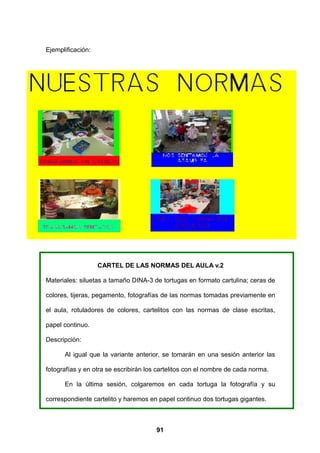 Ejemplificación:




                   CARTEL DE LAS NORMAS DEL AULA v.2

Materiales: siluetas a tamaño DINA-3 de tortugas en formato cartulina; ceras de

colores, tijeras, pegamento, fotografías de las normas tomadas previamente en

el aula, rotuladores de colores, cartelitos con las normas de clase escritas,

papel continuo.

Descripción:

      Al igual que la variante anterior, se tomarán en una sesión anterior las

fotografías y en otra se escribirán los cartelitos con el nombre de cada norma.

      En la última sesión, colgaremos en cada tortuga la fotografía y su

correspondiente cartelito y haremos en papel continuo dos tortugas gigantes.



                                       91
 