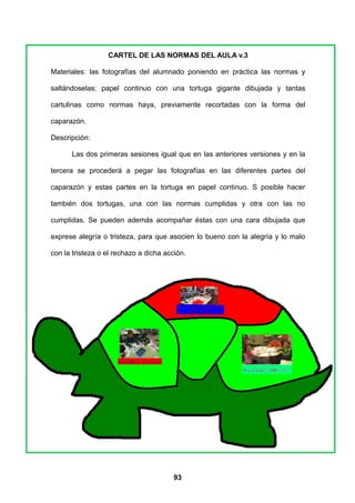 CARTEL DE LAS NORMAS DEL AULA v.3

Materiales: las fotografías del alumnado poniendo en práctica las normas y

saltándoselas; papel continuo con una tortuga gigante dibujada y tantas

cartulinas como normas haya, previamente recortadas con la forma del

caparazón.

Descripción:

      Las dos primeras sesiones igual que en las anteriores versiones y en la

tercera se procederá a pegar las fotografías en las diferentes partes del

caparazón y estas partes en la tortuga en papel continuo. S posible hacer

también dos tortugas, una con las normas cumplidas y otra con las no

cumplidas. Se pueden además acompañar éstas con una cara dibujada que

exprese alegría o tristeza, para que asocien lo bueno con la alegría y lo malo

con la tristeza o el rechazo a dicha acción.




                                        93
 