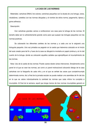 LA CASA DE LAS NORMAS

 Materiales: cartulinas DINA-2 de colores; cartulinas pequeñas con la silueta de una tortuga, ceras,

rotuladores, cartelitos con las normas dibujadas y el nombre de dicha norma; pegamento, tijeras y

goma adhesiva.

 Descripción:

       Con cartulinas grandes vamos a confeccionar una casa para la tortuga de las normas. El

tamaño debe ser lo suficientemente grande como para que quepan las tortugas pequeñas con las

normas positivas.

       Se colorearán los diferentes carteles de las normas y a cada uno se le asignará una

tortuguita pequeña. Una vez pintados se pegarán en la casita que habremos colocado en el rincón

del aula creado para tal fin y fuera de la casa se dibujará la montaña en papel continuo y el rio del

cuento de la tortuga, donde se colocarán aquellos carteles que ejemplifiquen el incumplimiento de

las normas.

 Nota: Uso de la casita de las normas: Puede usarse desde varias intenciones. Simplemente como

panel en el que se vean las normas, así como un panel motivacional colocando debajo de la casa

cartulinas con la fotografía de cada niño y en el que se señale las veces que cumple/incumple

determinada norma. Así a final de la jornada escolar se puede realizar una asamblea de fin del día

en la que se valore individualmente la cantidad de normas que cada niño/a ha cumplido e

incumplido. Al final de la semana, aquél que tenga menos de tres normas incumplidas ganará un

felicitador que podrá llevar a casa.




                                               95
 