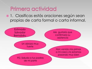 

1. Clasificas estás oraciones según sean
propias de carta formal o carta informal.
Estimado
Salvador
Bernabéu
Un abrazo muy
fuerte

PD. Saluda a tus padres
de mi parte

Me gustaría que
confirmara su
asistencia

Han venido mis primos
a mi casa y lo estamos
pasando muy bien

 