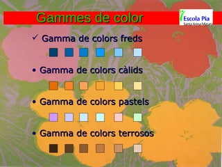 Gamma de colors freds Gamma de colors càlids Gamma de colors pastels Gamma de colors terrosos Gammes de color 