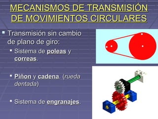 MECANISMOS DE TRANSMISIÓNMECANISMOS DE TRANSMISIÓN
DE MOVIMIENTOS CIRCULARESDE MOVIMIENTOS CIRCULARES
 Transmisión sin cambioTransmisión sin cambio
de plano de giro:de plano de giro:
 Sistema deSistema de poleaspoleas yy
correascorreas..
 PiñonPiñon yy cadenacadena. (. (ruedarueda
dentadadentada))
 Sistema deSistema de engranajesengranajes..
 