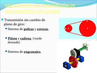 MECANISMOS DE TRANSMISIÓN DE
MOVIMIENTOS CIRCULARES
Transmisión sin cambio de
plano de giro:
Sistema de poleas y correas.
Piñon y cadena. (rueda
dentada)
Sistema de engranajes.
 