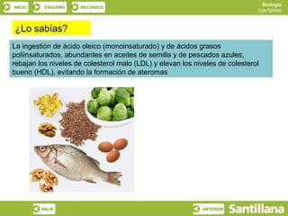 Biología
INICIO    ESQUEMA    RECURSOS
                                                                              Los lípidos



¿Lo sabías?
La ingestión de ácido oleico (monoinsaturado) y de ácidos grasos
poliinsaturados, abundantes en aceites de semilla y de pescados azules,
rebajan los niveles de colesterol malo (LDL) y elevan los niveles de colesterol
bueno (HDL), evitando la formación de ateromas




         SALIR                                              ANTERIOR
 
