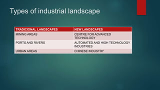 Types of industrial landscape
TRADICIONAL LANDSCAPES NEW LANDSCAPES
MINING AREAS CENTRE FOR ADVANCED
TECHNOLOGY
PORTS AND RIVERS AUTOMATED AND HIGH TECHNOLOGY
INDUSTRIES
URBAN AREAS CHINESE INDUSTRY
 