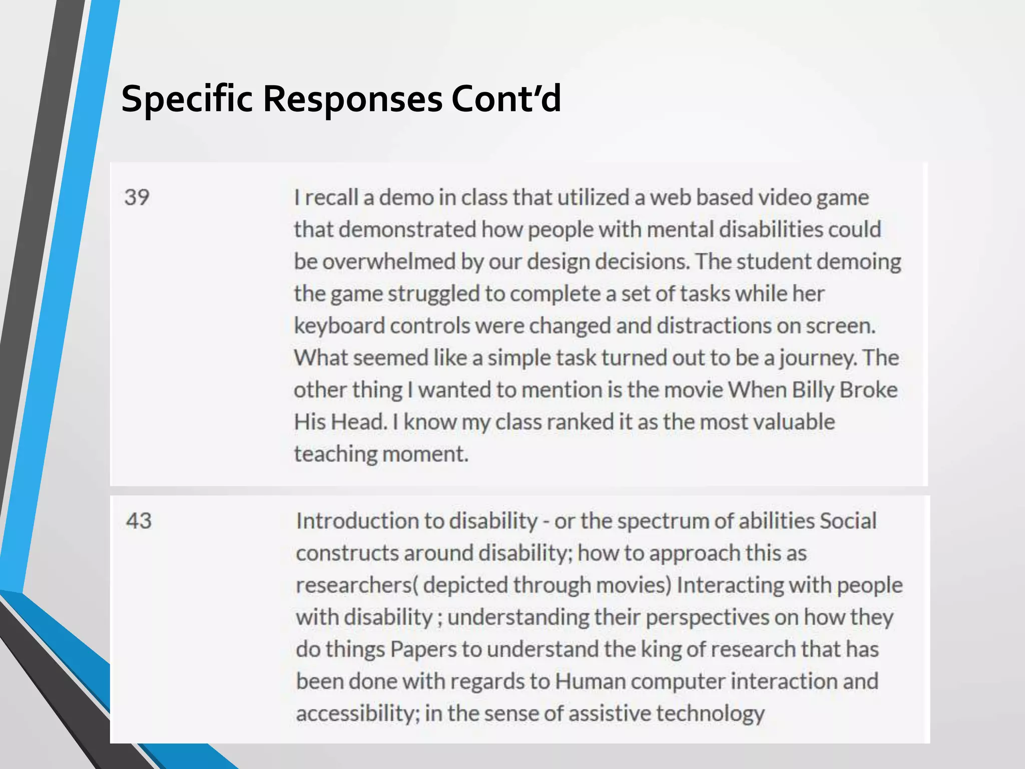 Specific Responses Cont’d
 