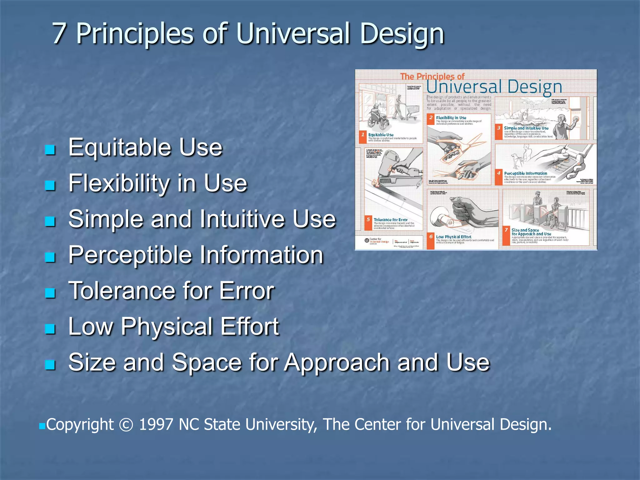 7 Principles of Universal Design










Equitable Use
Flexibility in Use
Simple and Intuitive Use
Perceptible Information
Tolerance for Error
Low Physical Effort
Size and Space for Approach and Use

Copyright

© 1997 NC State University, The Center for Universal Design.

 