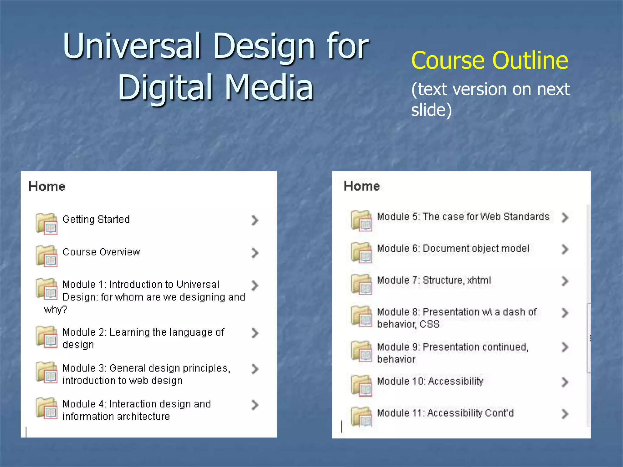 Universal Design for
Digital Media

Course Outline
(text version on next
slide)

 