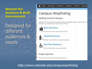 Beyond the
Sciences & Built
Environment

Designed for
different
audiences &
needs

http://www.colorado.edu/campuswayfinding

 
