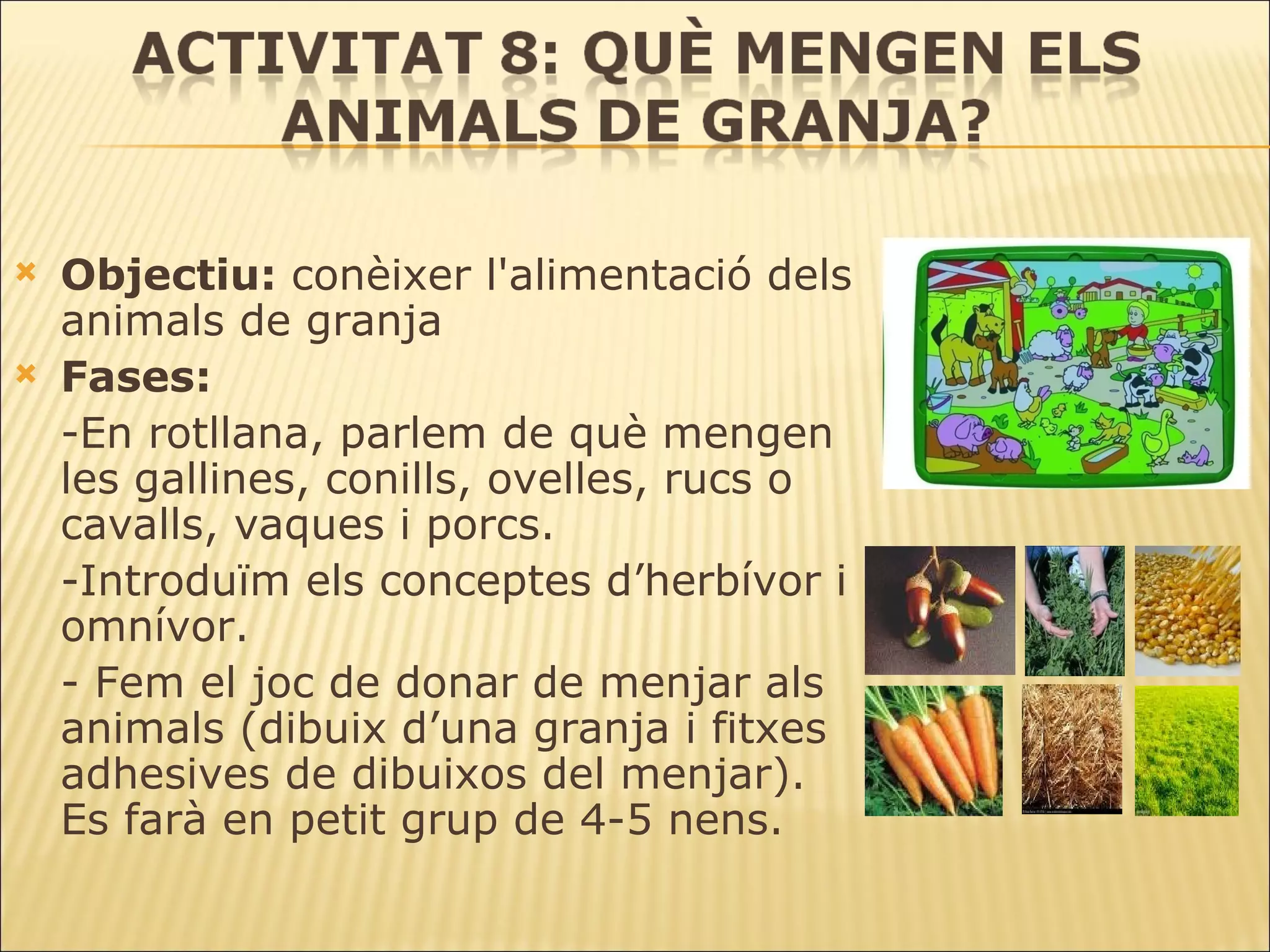 Objectiu:  conèixer l'alimentació dels animals de granja Fases:   -En rotllana, parlem de què mengen les gallines, conills, ovelles, rucs  o cavalls, vaques  i porcs.  -Introduïm  els  conceptes d’herbívor   i omnívor . - Fem el joc de donar de menjar als animals (dibuix d’una granja i fitxes adhesives de dibuixos del menjar). Es farà en petit grup de 4-5 nens.  