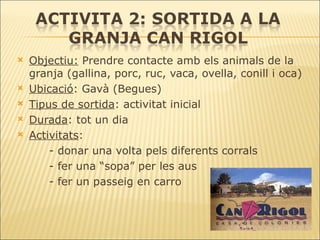 Objectiu:  Prendre contacte amb els animals de la granja (gallina, porc, ruc, vaca, ovella, conill i oca) Ubicació : Gavà (Begues) Tipus de sortida : activitat inicial Durada : tot un dia Activitats :  - donar una volta pels diferents corrals - fer una “sopa” per les aus - fer un passeig en carro 