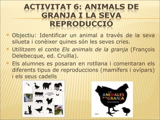 Objectiu: Identificar un animal a través de la seva silueta i conèixer quines són les seves cries. Utilitzem el conte  Els animals de la granja  (François Delebecque, ed. Cruïlla).  Els alumnes es posaran en rotllana i comentaran els diferents tipus de reproduccions (mamífers i ovípars) i els seus cadells 