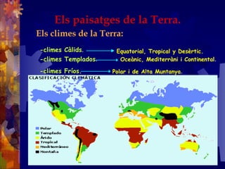 Els paisatges de la Terra.
Els climes de la Terra:
-climes Càlids.
-climes Templados.
-climes Fríos.
Equatorial, Tropical y Desèrtic.
Oceànic, Mediterràni i Continental.
Polar i de Alta Muntanya.
 
