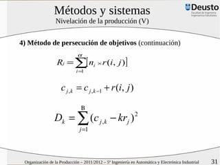 Métodos y sistemas
                 Nivelación de la producción (V)


4) Método de persecución de objetivos (continuación)
                              α
                  Rj = ∑[ ni × r (i, j )]
                             i =1


                     c j ,k = c j ,k −1 + r (i, j )

                               Β
                 Dk = ∑ (c j ,k − krj )                      2

                               j =1




 Organización de la Producción – 2011/2012 – 5º Ingeniería en Automática y Electrónica Industrial   31
 