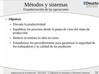 Métodos y sistemas
               Estandarización de las operaciones


Objetivos
   Elevada la productividad
   Equilibrar los procesos desde el punto de vista del ritmo de
   producción
   Reducir al mínimo la obra en curso
   Estandarizar los procedimientos para garantizar la seguridad de
   los trabajadores y la calidad de los productos




 Organización de la Producción – 2011/2012 – 5º Ingeniería en Automática y Electrónica Industrial   33
 