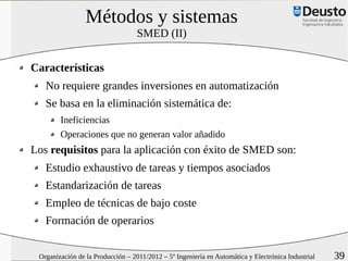 Métodos y sistemas
                                   SMED (II)


Características
   No requiere grandes inversiones en automatización
   Se basa en la eliminación sistemática de:
        Ineficiencias
        Operaciones que no generan valor añadido
Los requisitos para la aplicación con éxito de SMED son:
   Estudio exhaustivo de tareas y tiempos asociados
   Estandarización de tareas
   Empleo de técnicas de bajo coste
   Formación de operarios


 Organización de la Producción – 2011/2012 – 5º Ingeniería en Automática y Electrónica Industrial   39
 