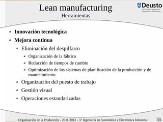 Lean manufacturing
                                 Herramientas


Innovación tecnológica
Mejora continua
   Eliminación del despilfarro
        Organización de la fábrica
        Reducción de tiempos de cambio
        Optimización de los sistemas de planificación de la producción y de
        mantenimiento
   Organización del puesto de trabajo
   Gestión visual
   Operaciones estandarizadas


 Organización de la Producción – 2011/2012 – 5º Ingeniería en Automática y Electrónica Industrial   55
 