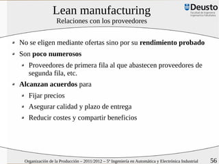 Lean manufacturing
                  Relaciones con los proveedores


No se eligen mediante ofertas sino por su rendimiento probado
Son poco numerosos
   Proveedores de primera fila al que abastecen proveedores de
   segunda fila, etc.
Alcanzan acuerdos para
   Fijar precios
   Asegurar calidad y plazo de entrega
   Reducir costes y compartir beneficios




 Organización de la Producción – 2011/2012 – 5º Ingeniería en Automática y Electrónica Industrial   56
 