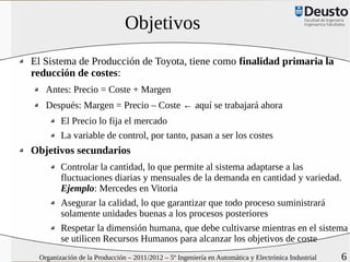 Objetivos
El Sistema de Producción de Toyota, tiene como finalidad primaria la
reducción de costes:
   Antes: Precio = Coste + Margen
   Después: Margen = Precio – Coste ← aquí se trabajará ahora
        El Precio lo fija el mercado
        La variable de control, por tanto, pasan a ser los costes
Objetivos secundarios
        Controlar la cantidad, lo que permite al sistema adaptarse a las
        fluctuaciones diarias y mensuales de la demanda en cantidad y variedad.
        Ejemplo: Mercedes en Vitoria
        Asegurar la calidad, lo que garantizar que todo proceso suministrará
        solamente unidades buenas a los procesos posteriores
        Respetar la dimensión humana, que debe cultivarse mientras en el sistema
        se utilicen Recursos Humanos para alcanzar los objetivos de coste
 Organización de la Producción – 2011/2012 – 5º Ingeniería en Automática y Electrónica Industrial   6
 