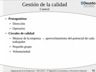 Gestión de la calidad
                                     Control


Protagonistas
   Dirección
   Operarios
Círculos de calidad
   Mejorar de la empresa → aprovechamiento del potencial de cada
   trabajador
   Pequeño grupo
   Voluntariedad




 Organización de la Producción – 2011/2012 – 5º Ingeniería en Automática y Electrónica Industrial   66
 
