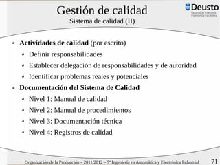 Gestión de calidad
                         Sistema de calidad (II)


Actividades de calidad (por escrito)
   Definir responsabilidades
   Establecer delegación de responsabilidades y de autoridad
   Identificar problemas reales y potenciales
Documentación del Sistema de Calidad
   Nivel 1: Manual de calidad
   Nivel 2: Manual de procedimientos
   Nivel 3: Documentación técnica
   Nivel 4: Registros de calidad



 Organización de la Producción – 2011/2012 – 5º Ingeniería en Automática y Electrónica Industrial   71
 