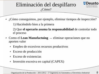 Eliminación del despilfarro
                                     ¿Cómo?


¿Cómo conseguimos, por ejemplo, eliminar tiempos de inspección?
   1) Haciéndolo bien a la primera
   2) Que el operario asuma la responsabilidad de controlar todo
   el proceso
Como el Lean Manufactuing → eliminar operaciones que no
aporten valor
   Empleo de excesivos recursos productivos
   Exceso de producción
   Exceso de existencias
   Inversión excesiva en capital (CAPEX)


 Organización de la Producción – 2011/2012 – 5º Ingeniería en Automática y Electrónica Industrial   8
 