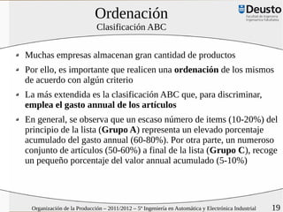 Ordenación
                            Clasificación ABC


Muchas empresas almacenan gran cantidad de productos
Por ello, es importante que realicen una ordenación de los mismos
de acuerdo con algún criterio
La más extendida es la clasificación ABC que, para discriminar,
emplea el gasto annual de los artículos
En general, se observa que un escaso número de items (10-20%) del
principio de la lista (Grupo A) representa un elevado porcentaje
acumulado del gasto annual (60-80%). Por otra parte, un numeroso
conjunto de artículos (50-60%) a final de la lista (Grupo C), recoge
un pequeño porcentaje del valor annual acumulado (5-10%)




 Organización de la Producción – 2011/2012 – 5º Ingeniería en Automática y Electrónica Industrial   19
 