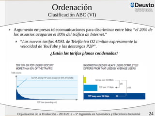 Ordenación
                         Clasificación ABC (VI)

Argumento empresas telecomunicaciones para discriminar entre bits: “el 20% de
los usuarios acaparan el 80% del tráfico de Internet.”
    “Las nuevas tarifas ADSL de Telefónica O2 limitan expresamente la
    velocidad de YouTube y las descargas P2P”.
                           ¿Están las tarifas planas condenadas?




  Organización de la Producción – 2011/2012 – 5º Ingeniería en Automática y Electrónica Industrial   24
 