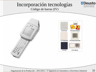 Incorporación tecnologías
                         Código de barras (IV)




Organización de la Producción – 2011/2012 – 5º Ingeniería en Automática y Electrónica Industrial   33
 
