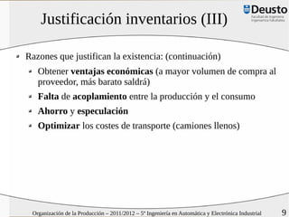Justificación inventarios (III)

Razones que justifican la existencia: (continuación)
   Obtener ventajas económicas (a mayor volumen de compra al
   proveedor, más barato saldrá)
   Falta de acoplamiento entre la producción y el consumo
   Ahorro y especulación
   Optimizar los costes de transporte (camiones llenos)




 Organización de la Producción – 2011/2012 – 5º Ingeniería en Automática y Electrónica Industrial   9
 
