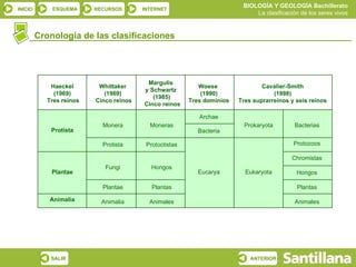 Cronología de las clasificaciones Haeckel (1969)  Tres reinos Whittaker (1969)  Cinco reinos Margulis  y Schwartz  (1985)  Cinco reinos Woese  (1990)  Tres dominios  Cavalier-Smith (1998) Tres suprarreinos y seis reinos Protista Plantae Animalia Animalia Plantas Animales Hongos Protoctistas Moneras Monera Protista Fungi Plantae Archae Bacteria Eucarya Eukaryota Prokaryota Bacterias Protozoos Chromistas Hongos Plantas Animales 