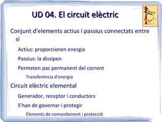 UD 04. Circuits de CC Objectius Didàctics Resoldre problemes de conceptes elèctrics: V, I, R 