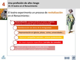 4
Desacralización: aunque perdura el teatro religioso,
comienza a concebirse para el entretenimiento.
Reelaboración de obras de la Antigüedad.
Representación en iglesias, plazas, cortes, universidades.…
Aparecen compañías teatrales y actores profesionales.
Se crean espacios específicos (corrales de comedia).
Aparición en Italia de la Comedia del Arte
(improvisación y personajes arquetípicos).
El teatro experimenta un proceso de revitalización
en el Renacimiento :
Una profesión de alto riesgo
10. El teatro en el Renacimiento
 
