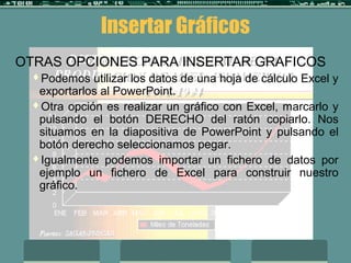 Insertar Gráficos
OTRAS OPCIONES PARA INSERTAR GRAFICOS
Podemos utilizar los datos de una hoja de cálculo Excel y
exportarlos al PowerPoint.
Otra opción es realizar un gráfico con Excel, marcarlo y
pulsando el botón DERECHO del ratón copiarlo. Nos
situamos en la diapositiva de PowerPoint y pulsando el
botón derecho seleccionamos pegar.
Igualmente podemos importar un fichero de datos por
ejemplo un fichero de Excel para construir nuestro
gráfico.
 