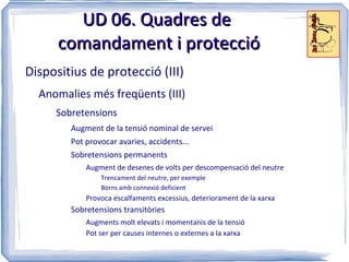 UD 06. Quadres de
      comandament i protecció
Dispositius de protecció (III)
  Anomalies més freqüents (III)
     Sobretensions
        Augment de la tensió nominal de servei
        Pot provocar avaries, accidents...
        Sobretensions permanents
            Augment de desenes de volts per descompensació del neutre
                Trencament del neutre, per exemple
                Borns amb connexió deficient
            Provoca escalfaments excessius, deteriorament de la xarxa
        Sobretensions transitòries
            Augments molt elevats i momentanis de la tensió
            Pot ser per causes internes o externes a la xarxa
 