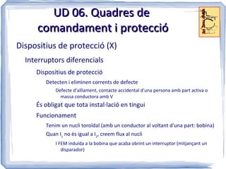 UD 06. Quadres de
     comandament i protecció
Dispositius de protecció (X)
  Interruptors diferencials
     Dispositius de protecció
        Detecten i eliminen corrents de defecte
            Defecte d'aïllament, contacte accidental d'una persona amb part activa o
              massa conductora amb V
     És obligat que tota instal·lació en tingui
     Funcionament
        Tenim un nucli toroïdal (amb un conductor al voltant d'una part: bobina)
        Quan I1 no és igual a I2, creem flux al nucli
            I FEM induïda a la bobina que acaba obrint un interruptor (mitjançant un
               disparador)
 
