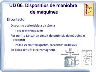 UD 06. Dispositius de maniobra
          de màquines
El contactor
  Dispositiu accionable a distància
     I des de diferents punts
  Pot obrir o tancar un circuit de potència de màquina o
    receptor
     Poden ser electromagnètics, pneumàtics i hidràulics
  En baixa tensió: electromagnètic
 