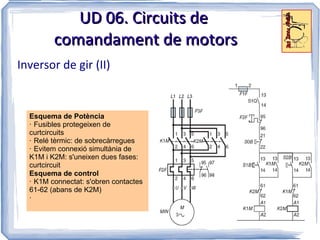 UD 06. Circuits de
         comandament de motors
Inversor de gir (II)


  Esquema de Potència
  · Fusibles protegeixen de
  curtcircuits
  · Relé tèrmic: de sobrecàrregues
  · Evitem connexió simultània de
  K1M i K2M: s'uneixen dues fases:
  curtcircuit
  Esquema de control
  · K1M connectat: s'obren contactes
  61-62 (abans de K2M)
  ·
 